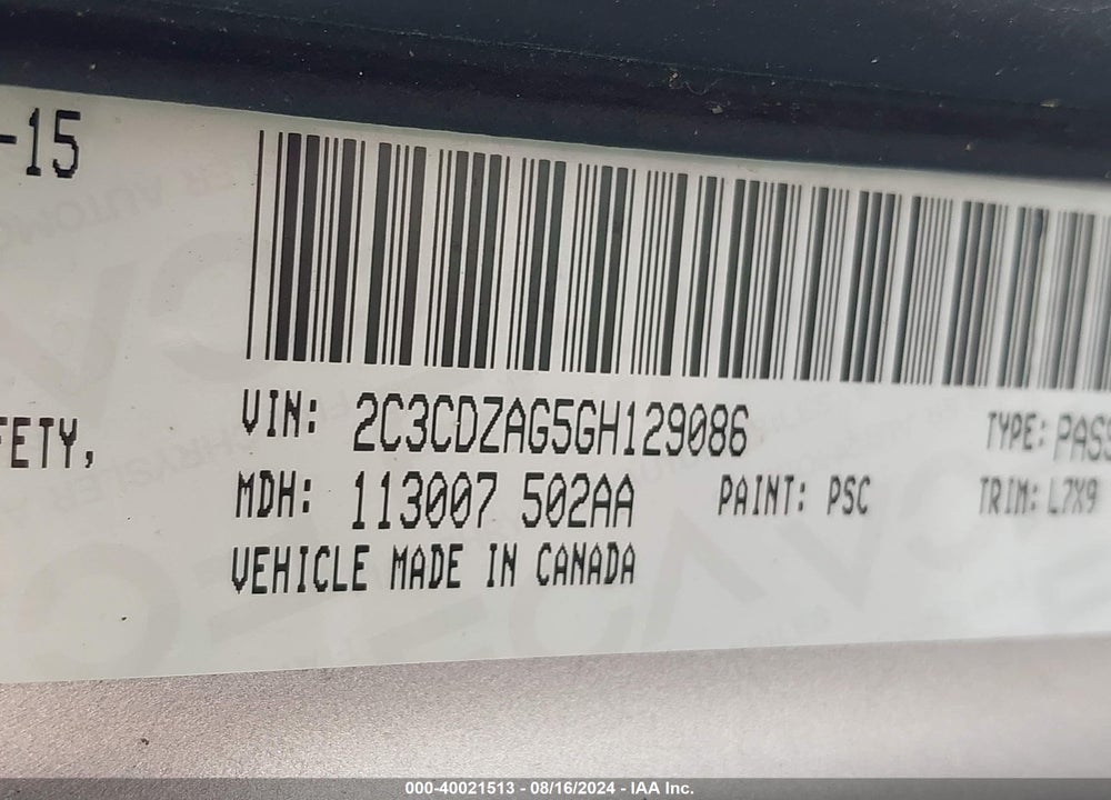 2016 DODGE CHALLENGER SXT VIN: 2C3CDZAG5GH129086
