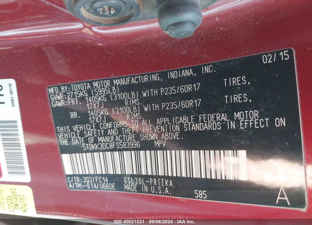 2015 TOYOTA SIENNA LE 8 PASSENGER VIN: 5TDKK3DC8FS583996