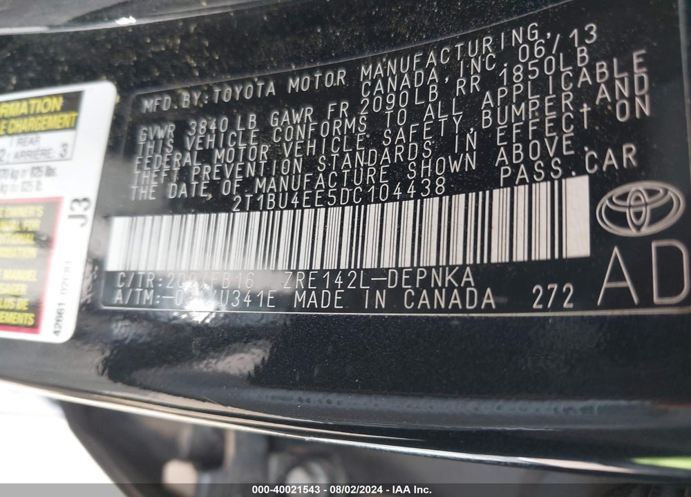 2013 TOYOTA COROLLA LE VIN: 2T1BU4EE5DC104438