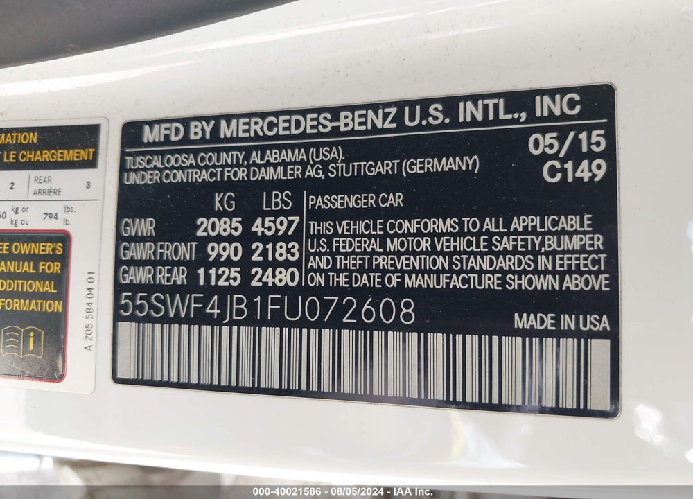 2015 MERCEDES-BENZ C 300 LUXURY/SPORT VIN: 55SWF4JB1FU072608
