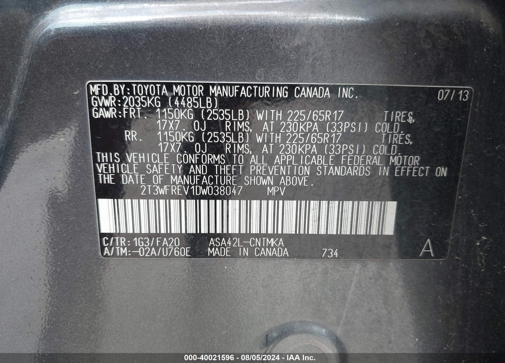 2013 TOYOTA RAV4 VIN: 2T3WFREV1DW038047