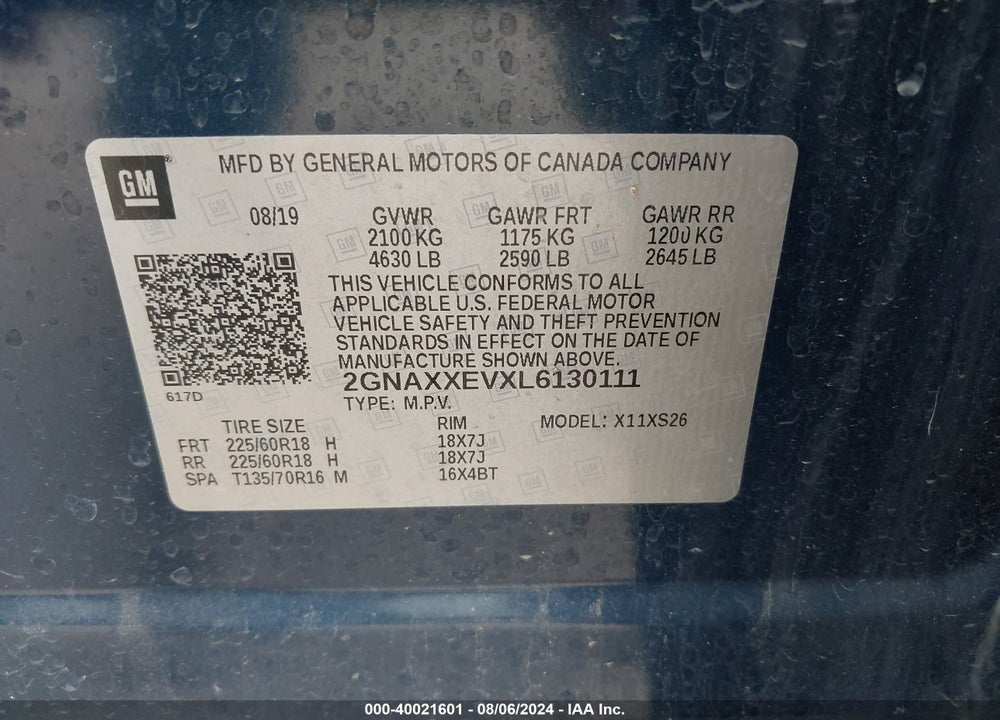 2020 CHEVROLET EQUINOX AWD PREMIER 1.5L TURBO VIN: 2GNAXXEVXL6130111