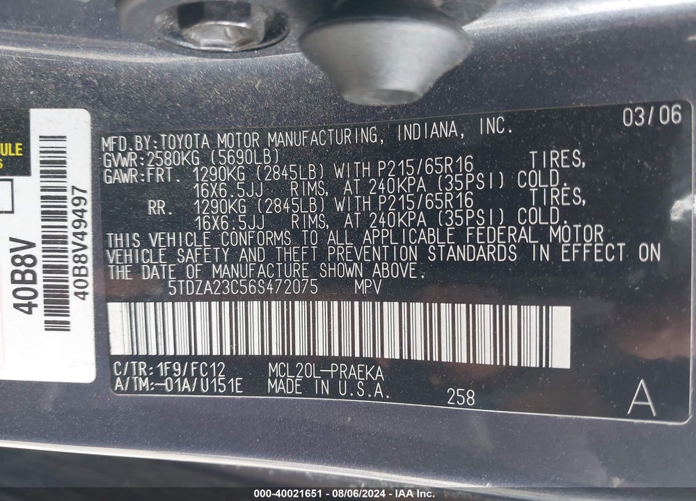 2006 TOYOTA SIENNA LE VIN: 5TDZA23C56S472075