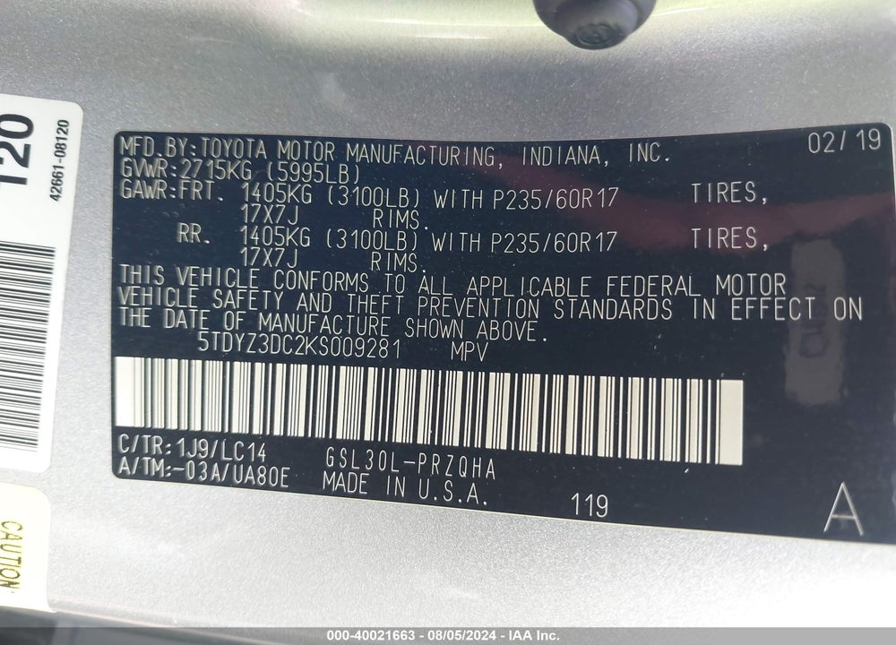 2019 TOYOTA SIENNA XLE 8 PASSENGER VIN: 5TDYZ3DC2KS009281