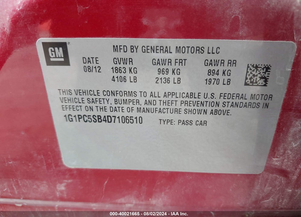 2013 CHEVROLET CRUZE 1LT AUTO VIN: 1G1PC5SB4D7106510