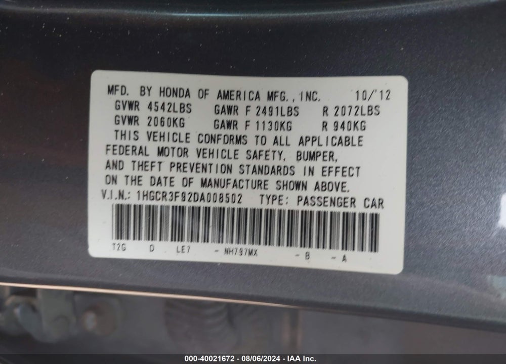 2013 HONDA ACCORD TOURING VIN: 1HGCR3F92DA008502