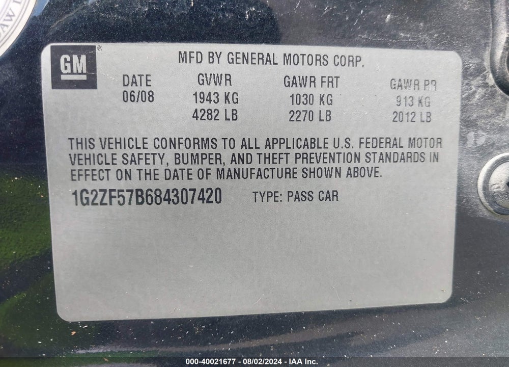 2008 PONTIAC G6 VALUE LEADER VIN: 1G2ZF57B684307420