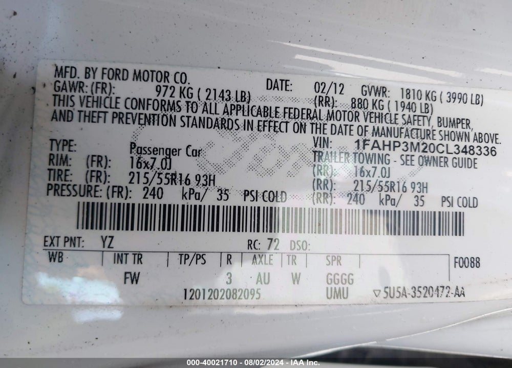 2012 FORD FOCUS VIN: 1FAHP3M20CL348336
