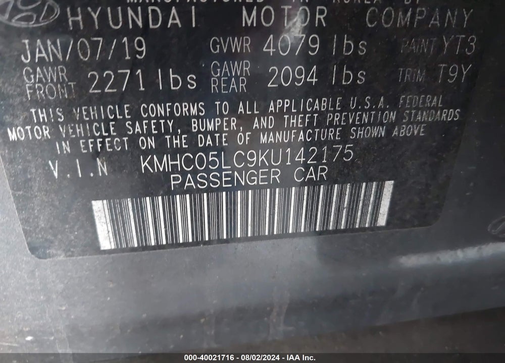 2019 HYUNDAI IONIQ HYBRID LIMITED VIN: KMHC05LC9KU142175