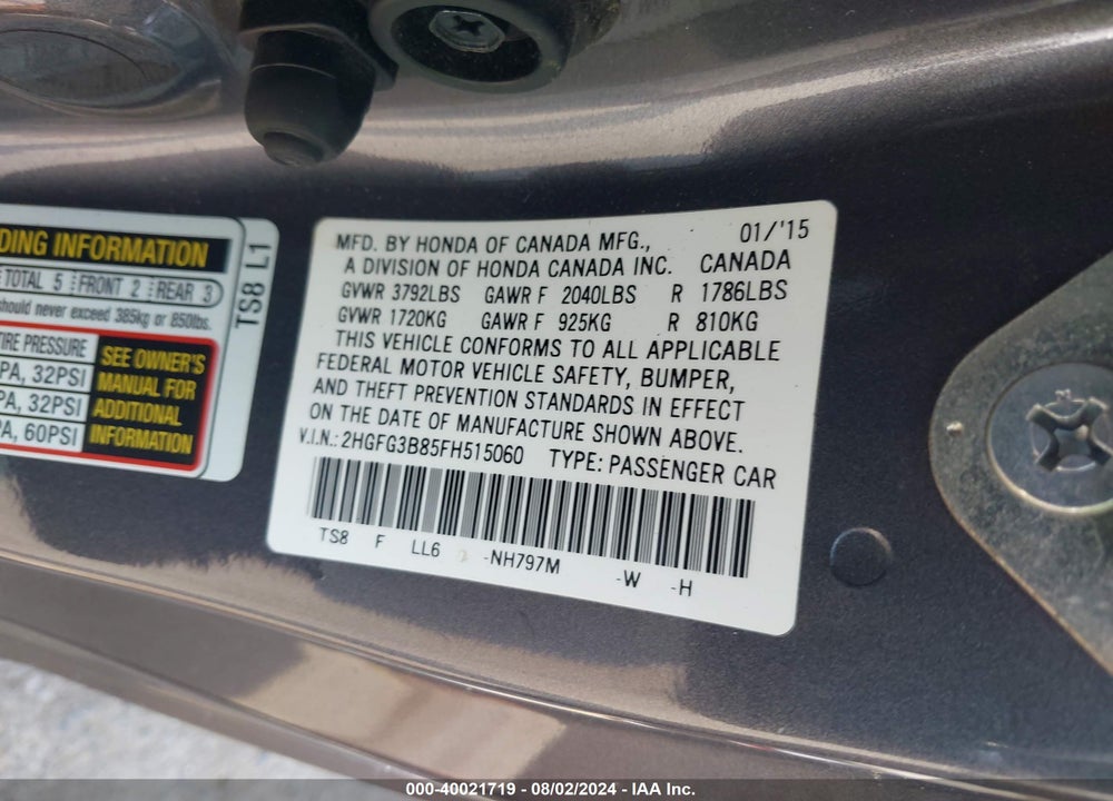 2015 HONDA CIVIC EX VIN: 2HGFG3B85FH515060