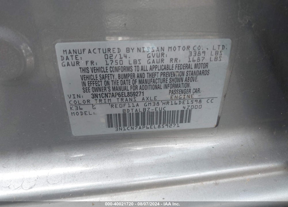 2014 NISSAN VERSA 1.6 SV VIN: 3N1CN7AP6EL859271