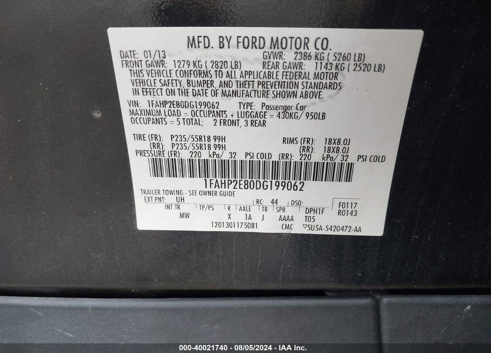 2013 FORD TAURUS SEL VIN: 1FAHP2E80DG199062