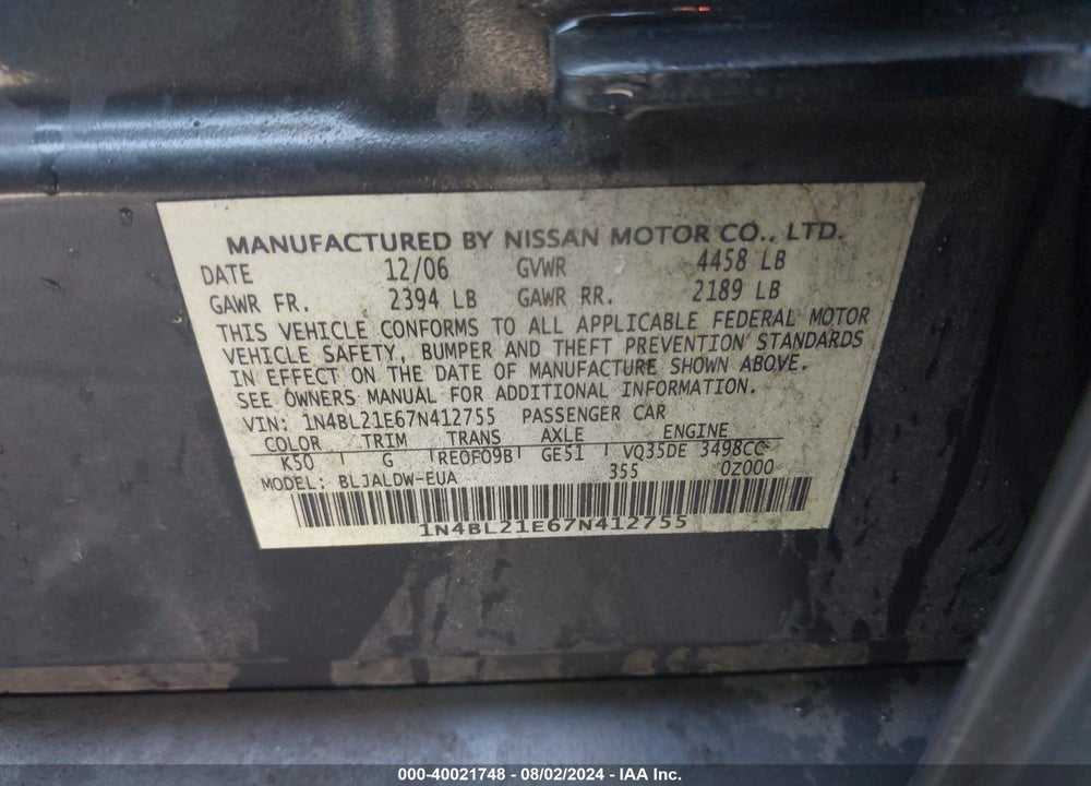 2007 NISSAN ALTIMA 3.5 SE VIN: 1N4BL21E67N412755