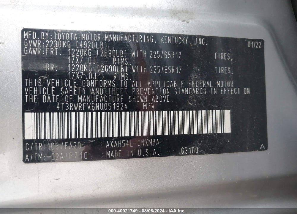2022 TOYOTA RAV4 HYBRID XLE VIN: 4T3RWRFV6NU051924
