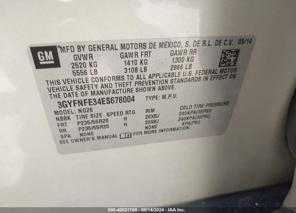 2014 CADILLAC SRX PERFORMANCE COLLECTION VIN: 3GYFNFE34ES678004