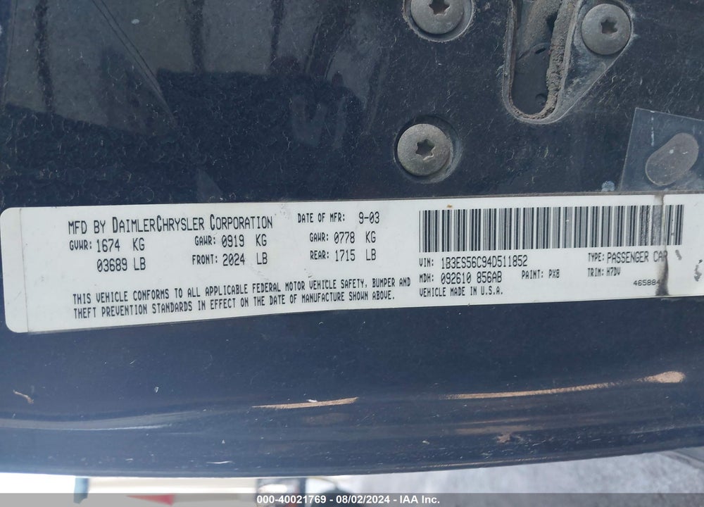 2004 DODGE NEON SXT VIN: 1B3ES56C94D511852
