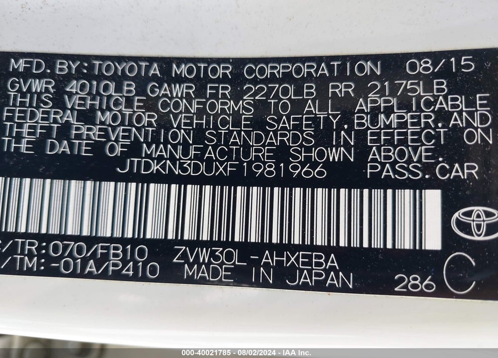 2015 TOYOTA PRIUS TWO VIN: JTDKN3DUXF1981966