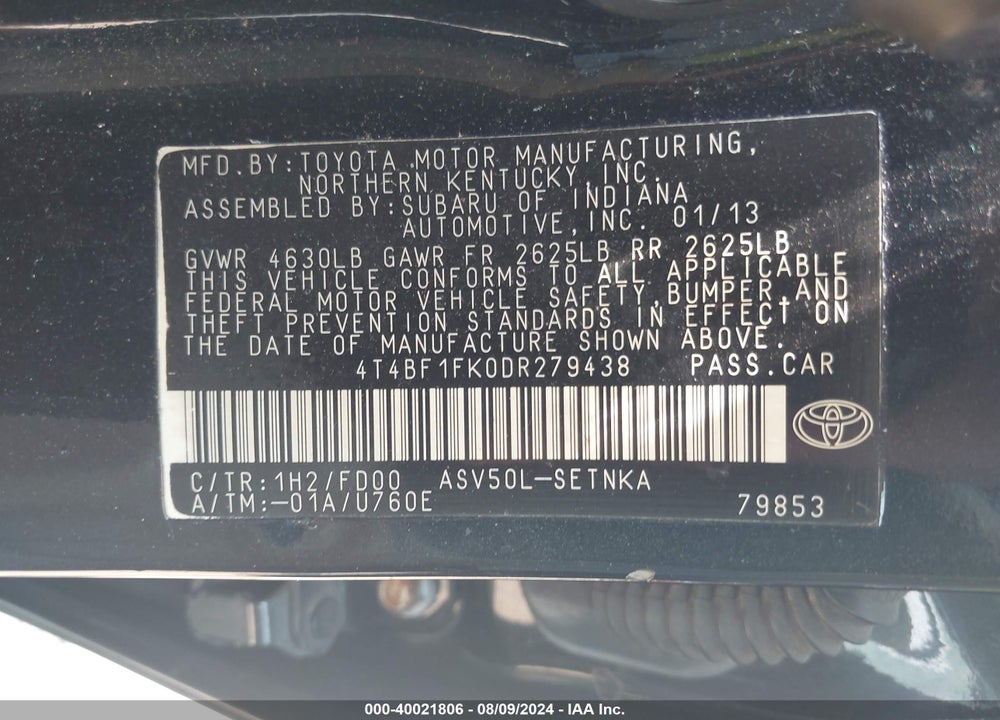 2013 TOYOTA CAMRY VIN: 4T4BF1FK0DR279438