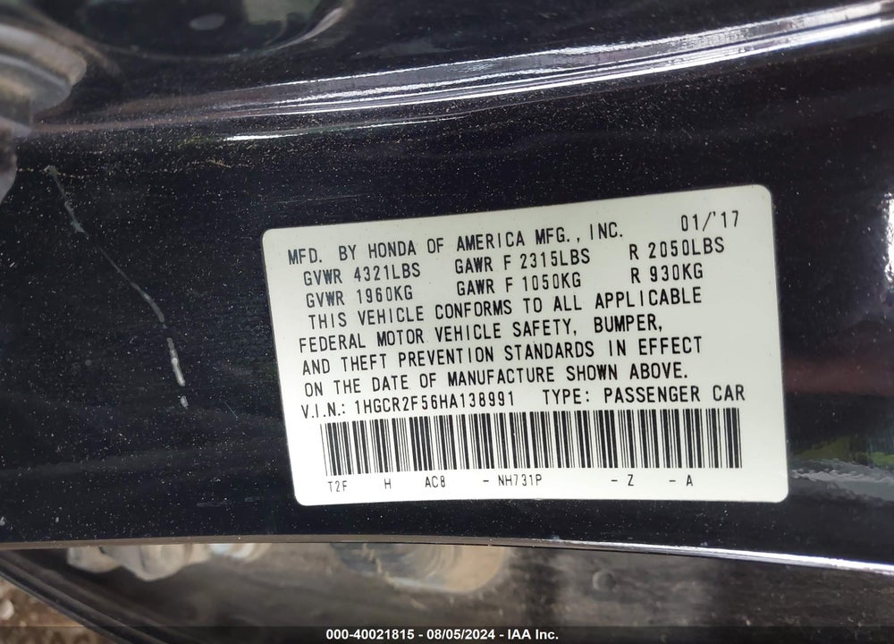 2017 HONDA ACCORD SPORT VIN: 1HGCR2F56HA138991