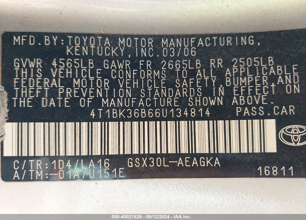 2006 TOYOTA AVALON XLS VIN: 4T1BK36B66U134814