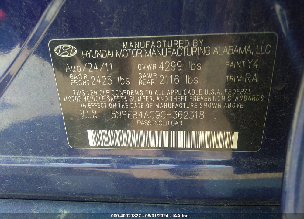 2012 HYUNDAI SONATA GLS VIN: 5NPEB4AC9CH362318