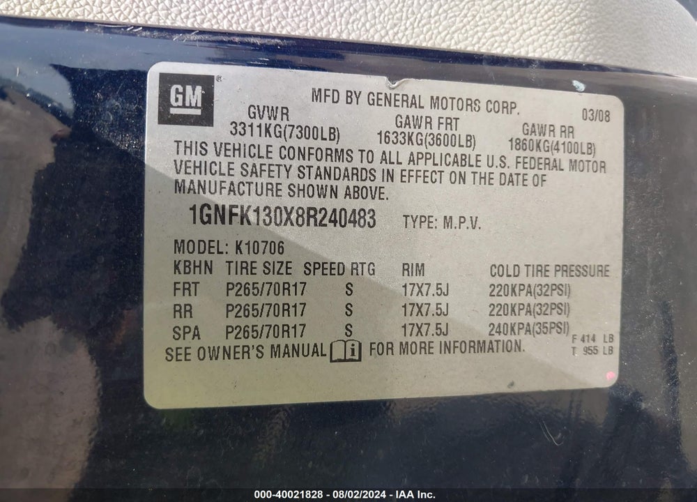 2008 CHEVROLET TAHOE LT VIN: 1GNFK130X8R240483