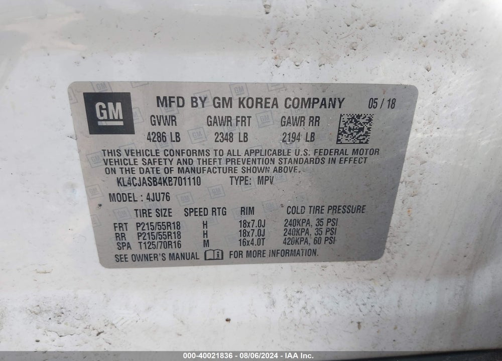 2019 BUICK ENCORE FWD PREFERRED VIN: KL4CJASB4KB701110