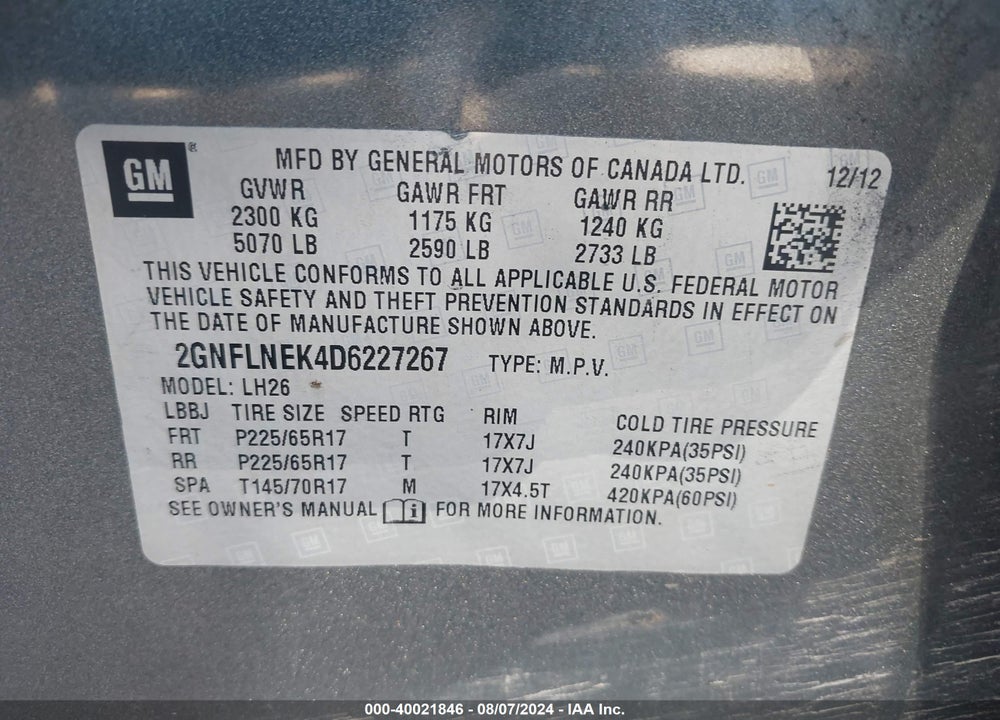 2013 CHEVROLET EQUINOX 2LT VIN: 2GNFLNEK4D6227267