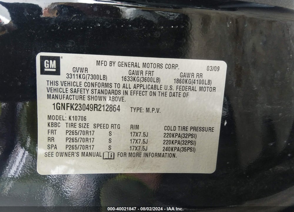 2009 CHEVROLET TAHOE LT1 VIN: 1GNFK23049R212864