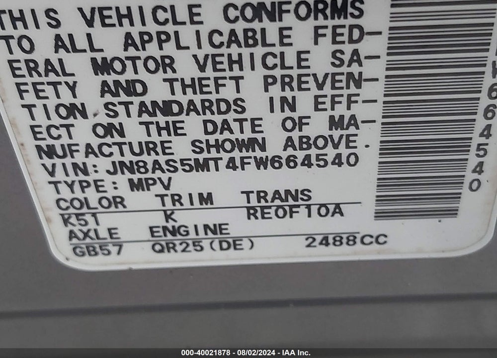 2015 NISSAN ROGUE SELECT S VIN: JN8AS5MT4FW664540