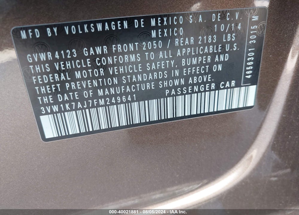 2015 VOLKSWAGEN JETTA VIN: 3VW1K7AJ7FM249641