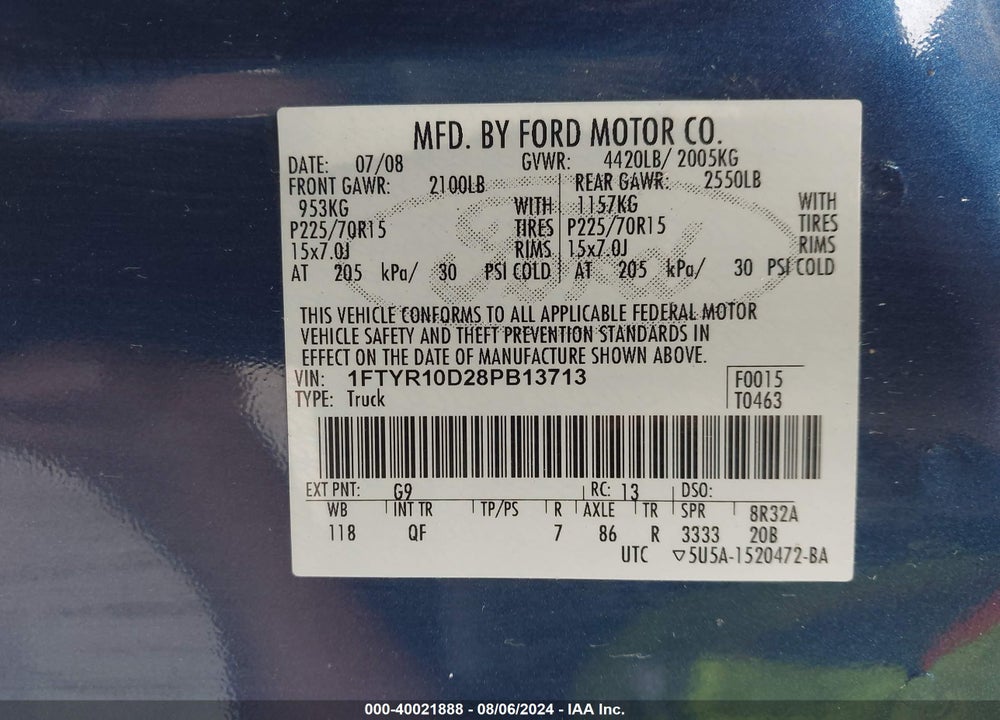 2008 FORD RANGER XL/XLT VIN: 1FTYR10D28PB13713