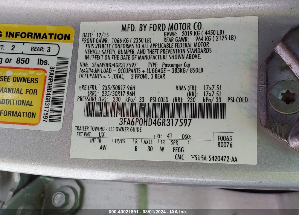 2016 FORD FUSION SE VIN: 3FA6P0HD4GR317597