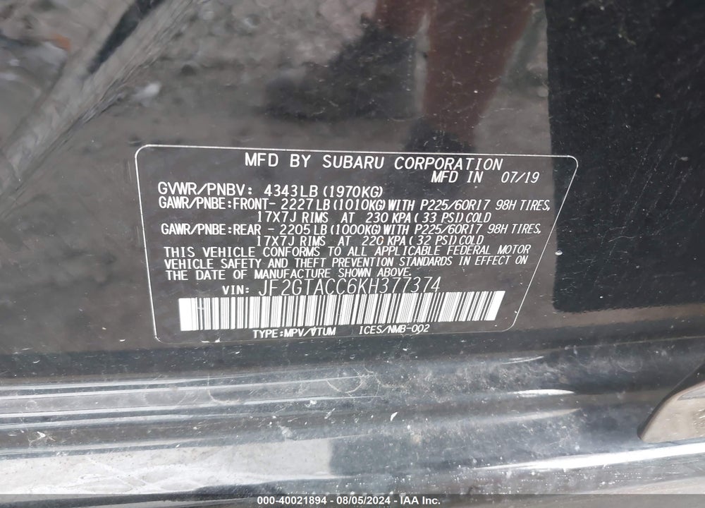 2019 SUBARU CROSSTREK 2.0I PREMIUM VIN: JF2GTACC6KH377374