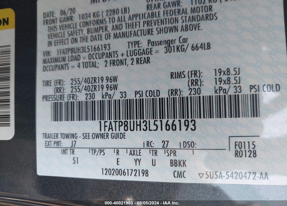 2020 FORD MUSTANG ECOBOOST PREMIUM VIN: 1FATP8UH3L5166193
