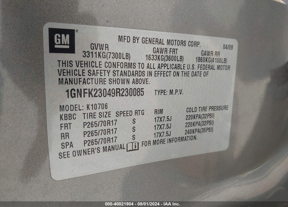 2009 CHEVROLET TAHOE LT1 VIN: 1GNFK23049R230085
