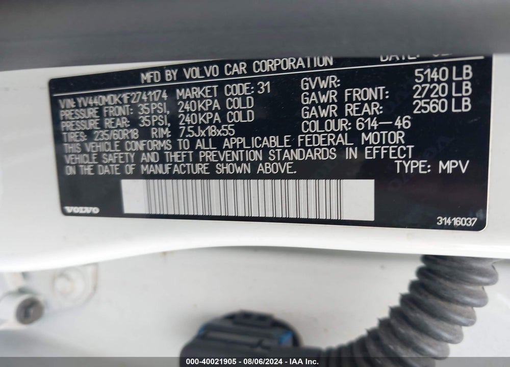 2015 VOLVO XC60 VIN: YV440MDK1F2741174