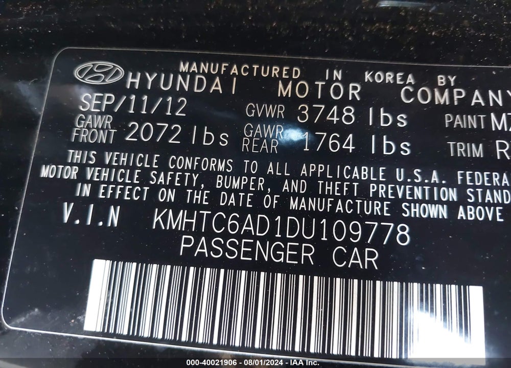 2013 HYUNDAI VELOSTER BASE W/GRAY VIN: KMHTC6AD1DU109778
