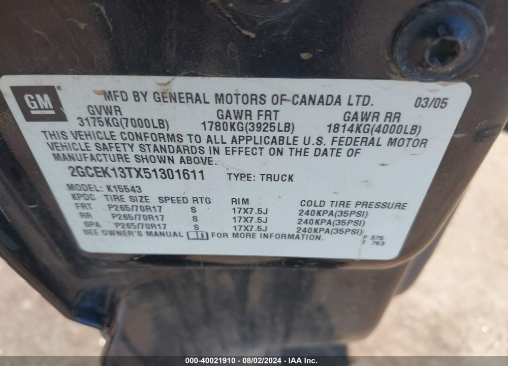 2005 CHEVROLET SILVERADO 1500 Z71 VIN: 2GCEK13TX51301611