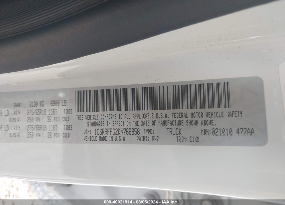 2019 RAM 1500 BIG HORN/LONE STAR 4X4 5'7 BOX VIN: 1C6RRFFG2KN766958