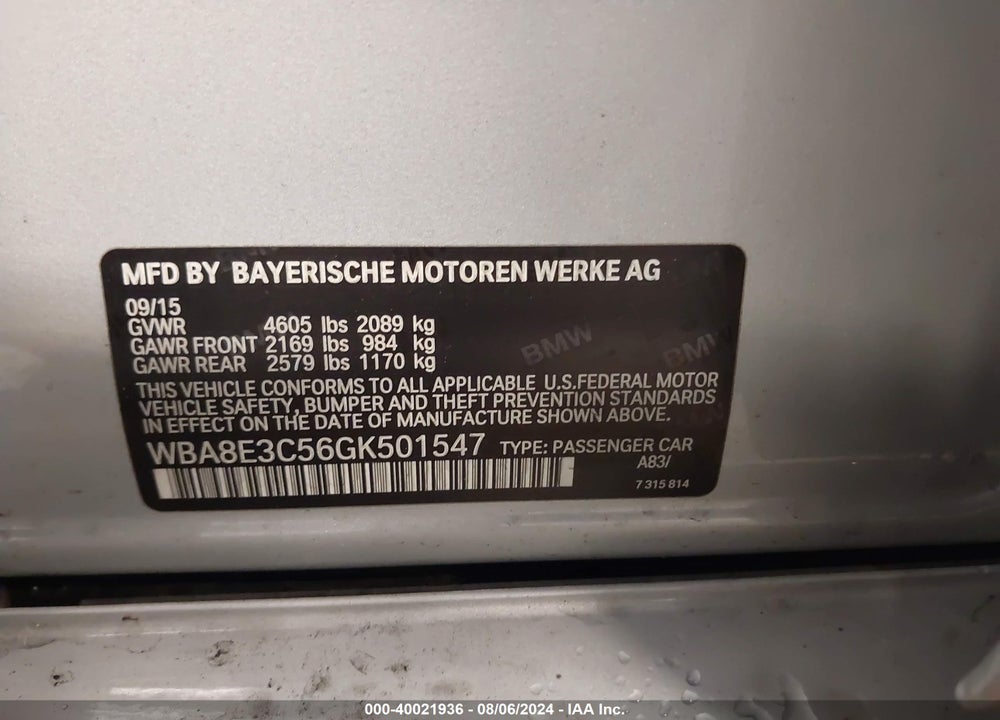 2016 BMW 328I XDRIVE VIN: WBA8E3C56GK501547