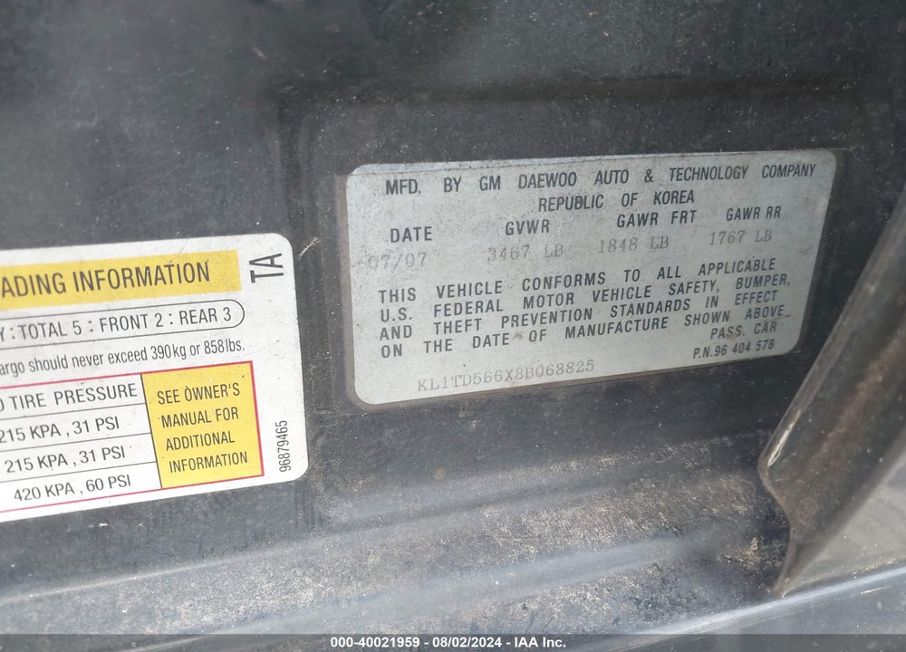 2008 CHEVROLET AVEO VIN: KL1TD566X8B068825