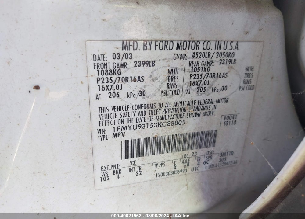 2003 FORD ESCAPE XLT VIN: 1FMYU93153KC88005