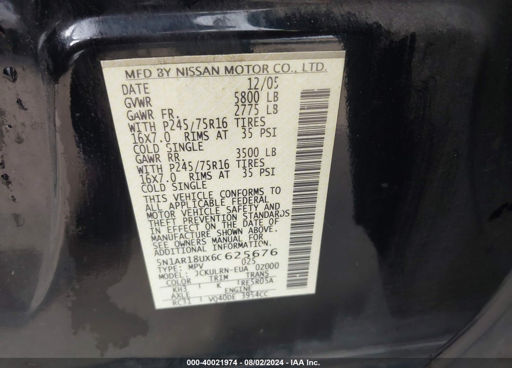 2006 NISSAN PATHFINDER S VIN: 5N1AR18UX6C625676