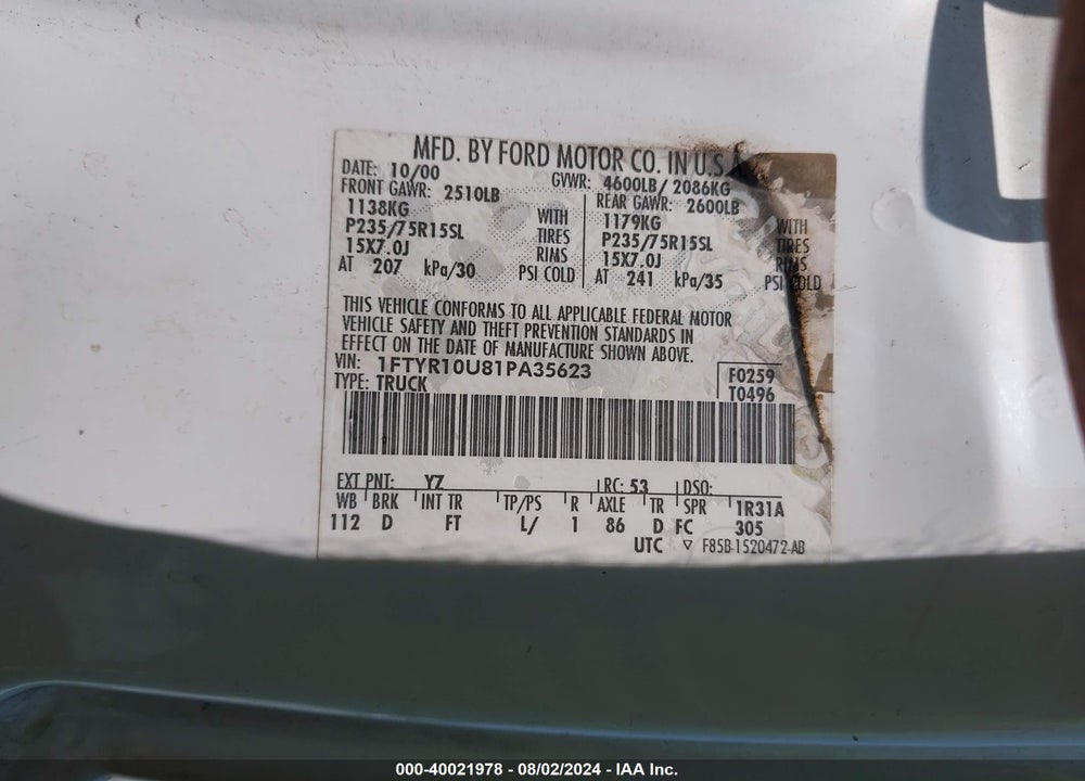 2001 FORD RANGER VIN: 1FTYR10U81PA35623