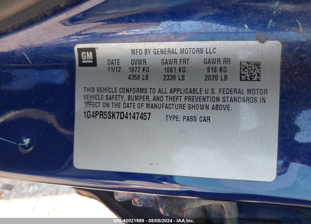 2013 BUICK VERANO CONVENIENCE GROUP VIN: 1G4PR5SK7D4147457