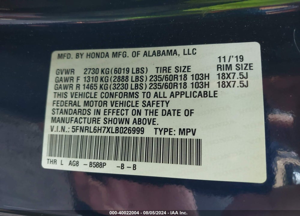 2020 HONDA ODYSSEY EX-L/EX-L W/NAVI RES VIN: 5FNRL6H7XLB026999