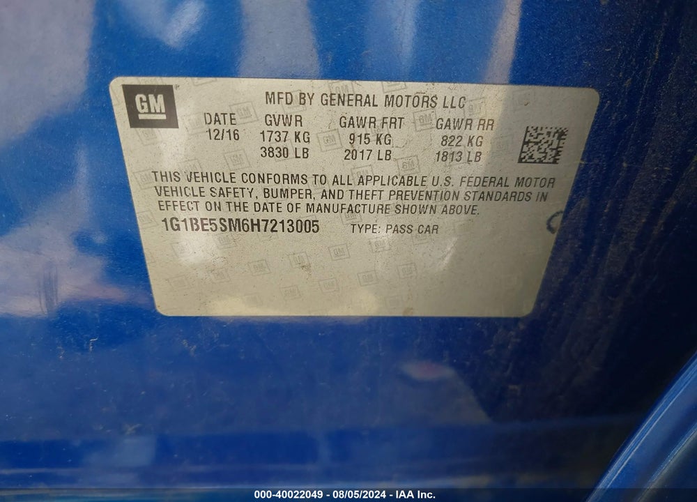 2017 CHEVROLET CRUZE LT AUTO VIN: 1G1BE5SM6H7213005