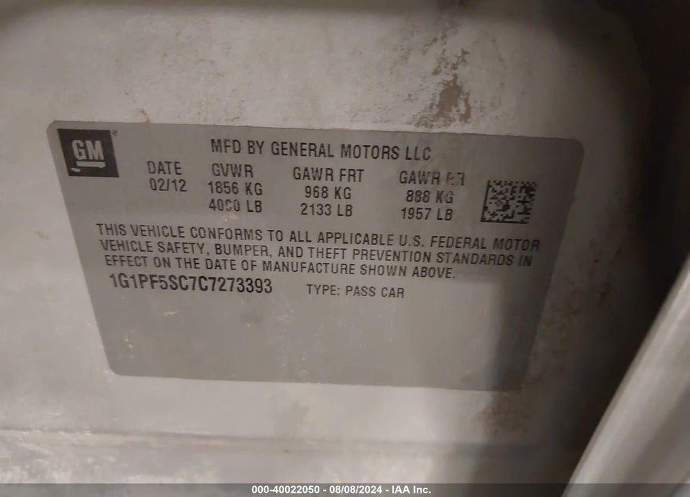 2012 CHEVROLET CRUZE 1LT VIN: 1G1PF5SC7C7273393