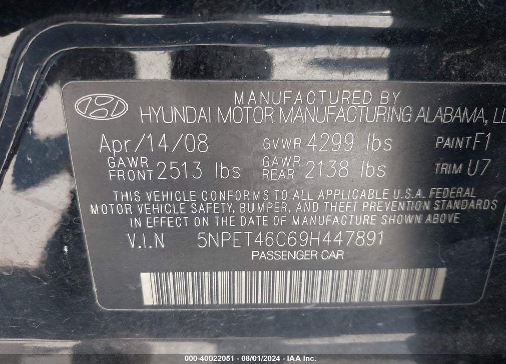 2009 HYUNDAI SONATA GLS VIN: 5NPET46C69H447891